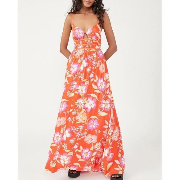 Wisteria Floral Print V-Neck Cut-Out Sleeveless Open Tie Back Detail Maxi Dress - Picture 1 of 3